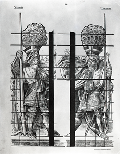 31201 Afbeelding van de schildhouders van het provinciale wapen op het beschilderde glasraam in een venster in het ...